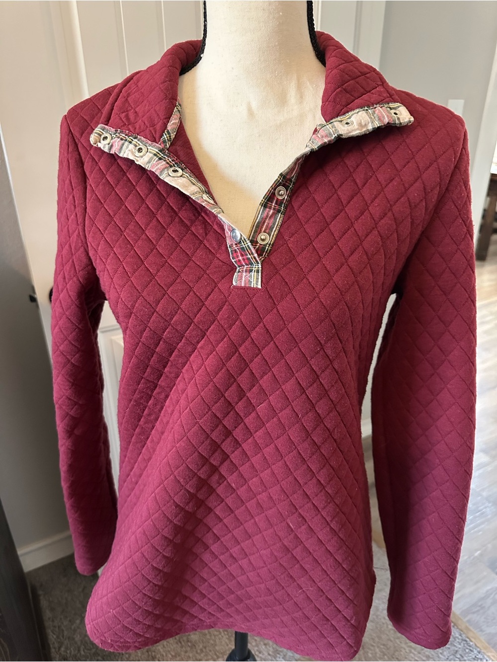 Quilted Pullover Hoodie in Wine - Women's Long Sleeve Sweatshirt